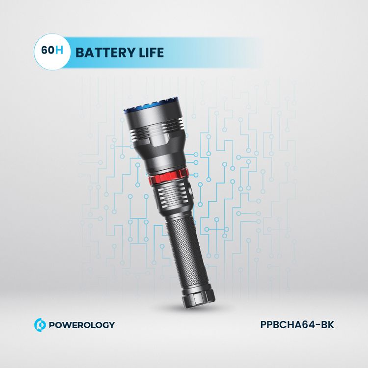 Powerology Rechargeable LED Flashlight with Power Bank Function, IPX7 Waterproof, 60 Hours Battery Life, 7000K Color Temperature, 920 Meters Beam Distance - Black