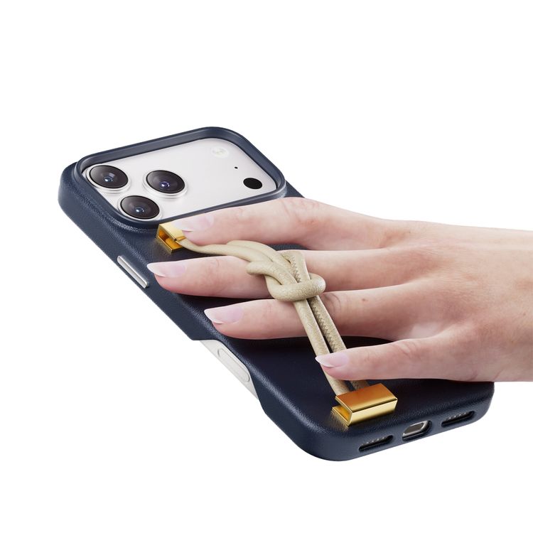 Levelo Polaris PU Leather Case with Wrist-Strap Grip for iPhone 17 Pro, Microfiber Inner Lining, Raised Bezels for Camera & Screen, Shock-Resistant Bumper, Drop-Tested - Dark Blue