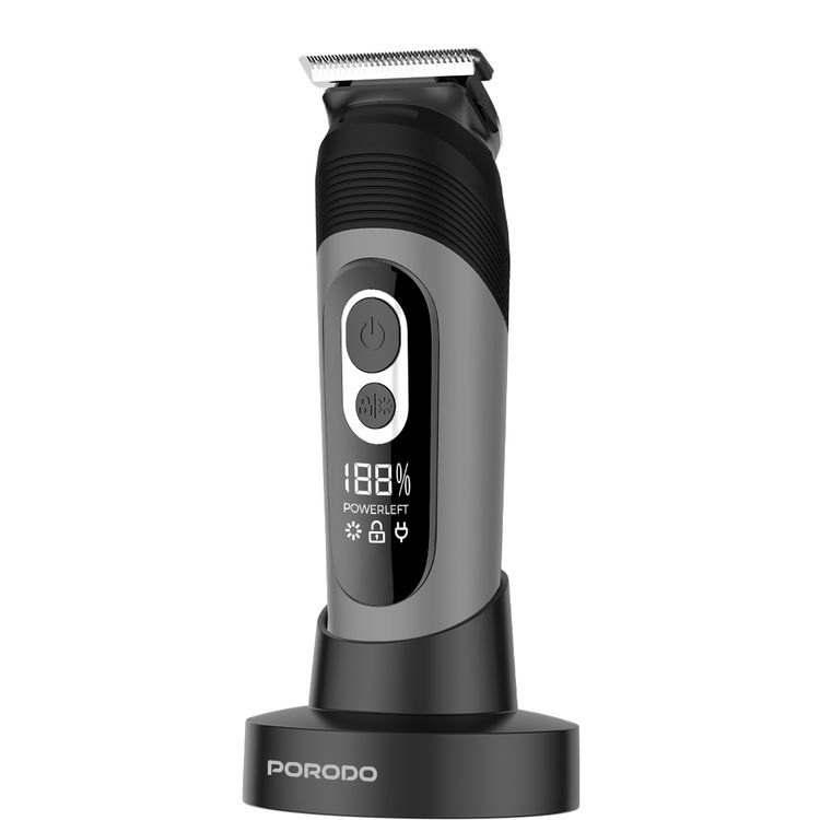Porodo Lifestyle T-Blade Full-Body Grooming Kit with Metal Curved Blade, 90 Minutes Working Time, 600mAh Battery, USB-C Charging Port, Base, 2, 3, 6 & 9 mm Combs Included, 5W Rated Power, Wet & Dry Shaving - Black