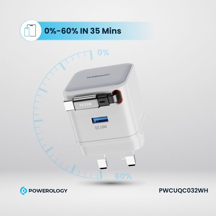 Powerology Dual Output Retractable GaN Charger with Built-in Safeguards, 2-Device Charging, 35W Power Delivery, Fire Proof Material, Patented Design, 75cm Retractable Type-C Cable - White