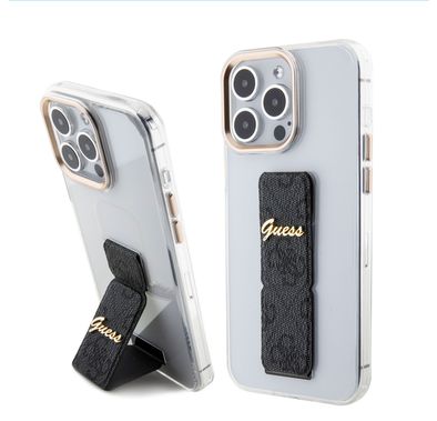 Guess Grip stand Clear Case with 4G Script Logo for iPhone 15 Series - Black - iPhone 15 Pro
