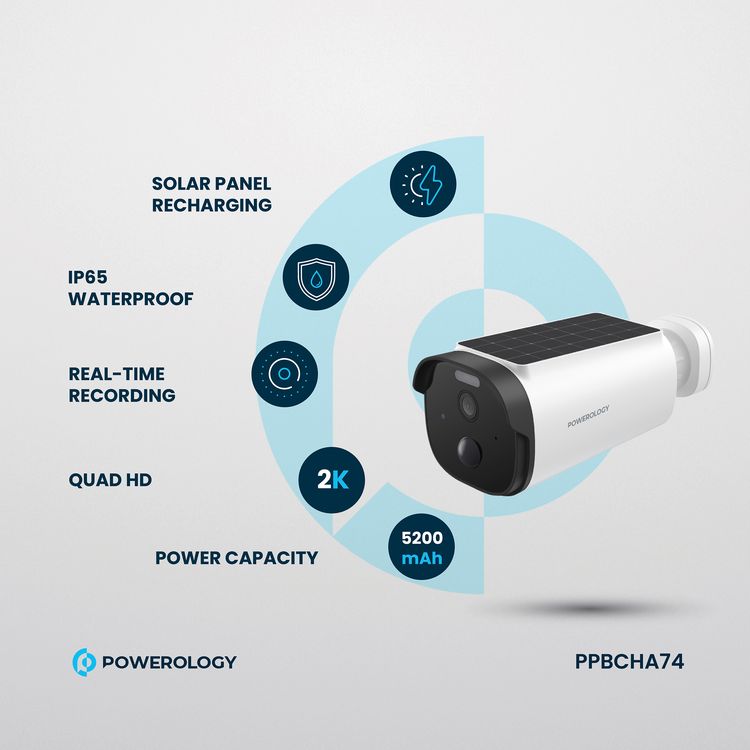 Powerology Built-in Solar Outdoor Camera, 5200mAh Battery Capacity, 3 to 9m PIR Range, 2304×1269P Resolution, 1.5W Solar Panel - White