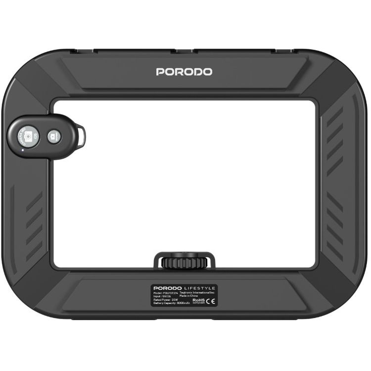 Porodo Handheld Ring Grip with Desktop Support & Phone Clamp, 1 Hour Working Time, 1500mAh Battery, 20W Rated Power, Bluetooth Controller, Camera & Phone Vlogging Light - Black