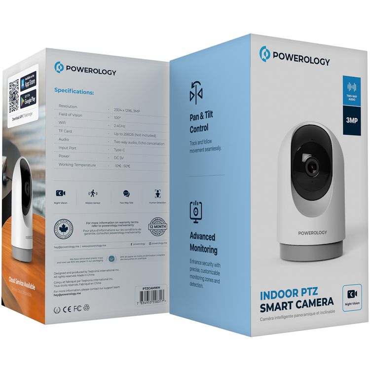 Powerology Indoor PTZ Smart Camera with Human Detection & Motion Sensor, 100° Field of Vision, 3MP Resolution, Pan & Tilt Control, Two-Way Audio - White
