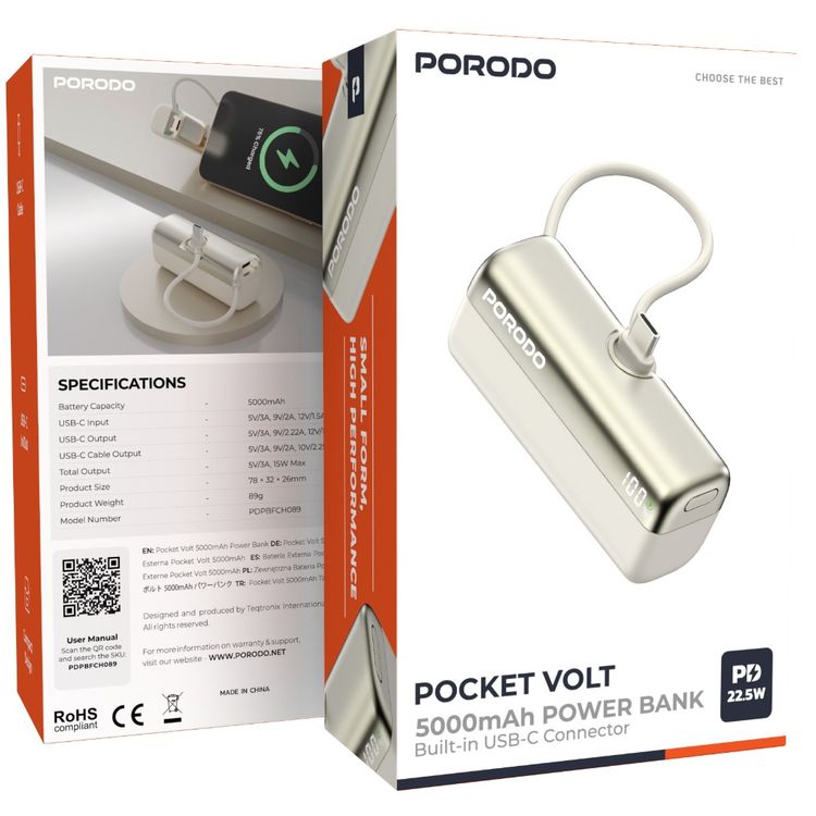 Porodo Pocket Volt 5000mAh Power Bank with Built-in Type-C Connector, 22.5W Power Delivery, Fast Charging Support, Compact Design, 15W Total Output - White