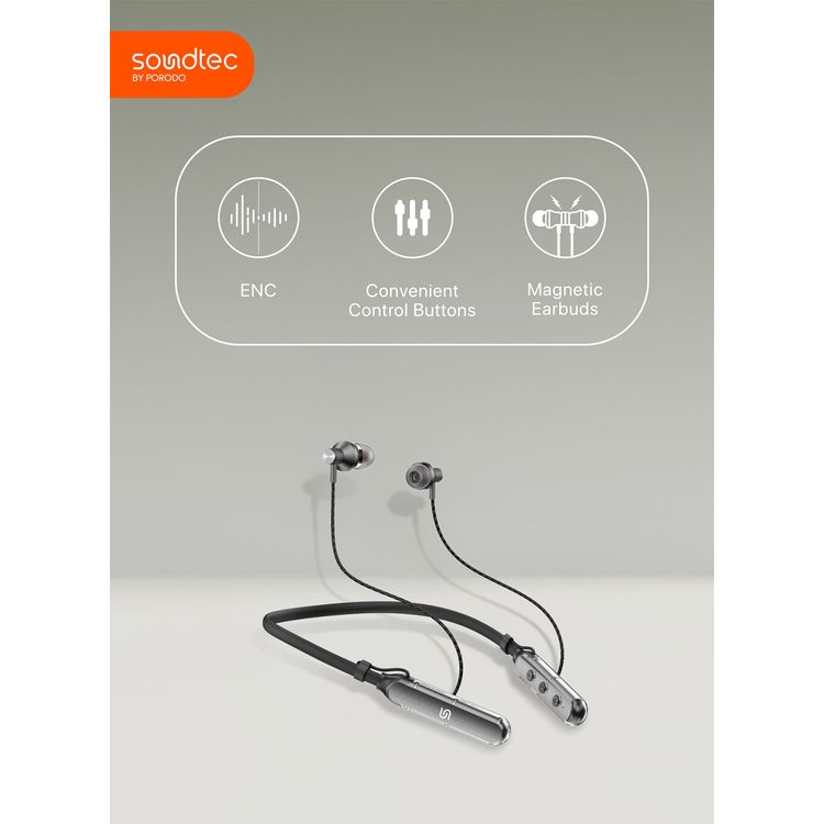 Porodo Soundtec SV Pro Neckband Earphones ENC with 5 Voice Effect Modes, Magnetic Earbuds, 250mAh Battery Capacity, Up to 30 Hours Playtime - Black