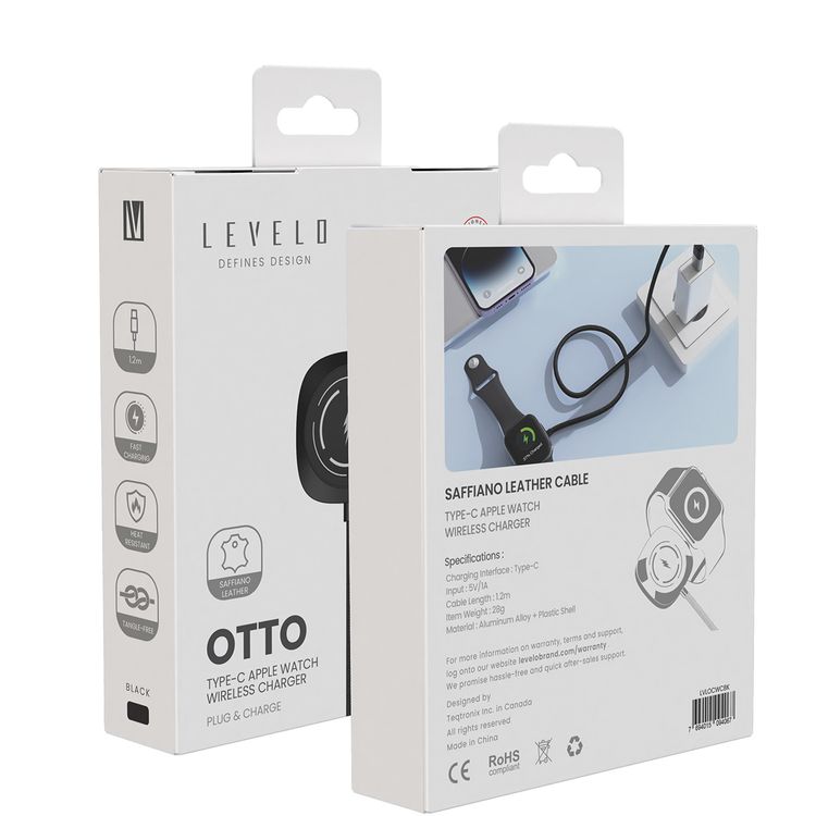Levelo Otto Type-C Apple Watch Wireless Charger Cable, Fast Charging, Tangle Free, Aluminum Alloy & Plastic Shell Material, 1.2m Cable Length - Black