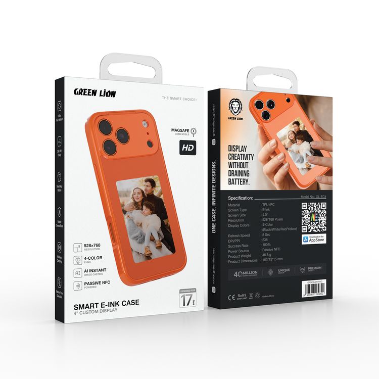 Green Lion Smart E-Ink Case for iPhone 17 Pro with MagSafe Compatibility, 4" Custom Display, 4-Color Display Colors, 528 × 768 Resolution, AI Instant Image Casting, Passive NFC Powered, 8 Seconds Fast Refresh, Smart App with AI, Raised Camera Bezel, Battery-Free Operation - Orange