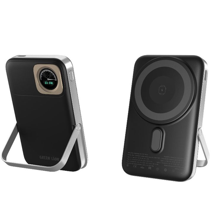 بنك الطاقة الأخضر لايون فولت جاج 10000 مللي أمبير مع منفذين USB-C، مصنوع من مواد ABS وPC، إخراج لاسلكي 15 واط، توصيل الطاقة 22.5 واط، معتمد للطيران، حامل مدمج، دعم الشحن السريع - اللون الأسود