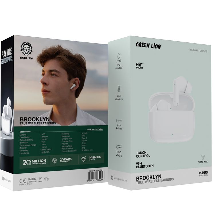 Green Lion Brooklyn True Wireless Earbuds with Voice Assistant, 4 Hours Playtime, Built-in Microphone, HiFi Sound, Touch Control, Dual-Mic - White