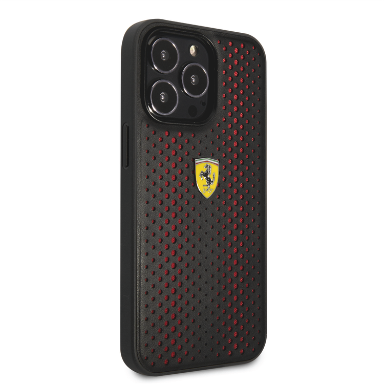 Ferrari PU Leather Perforated Case with Nylon Base & Yellow Shield Logo iPhone 14 Pro Compatibility - Red