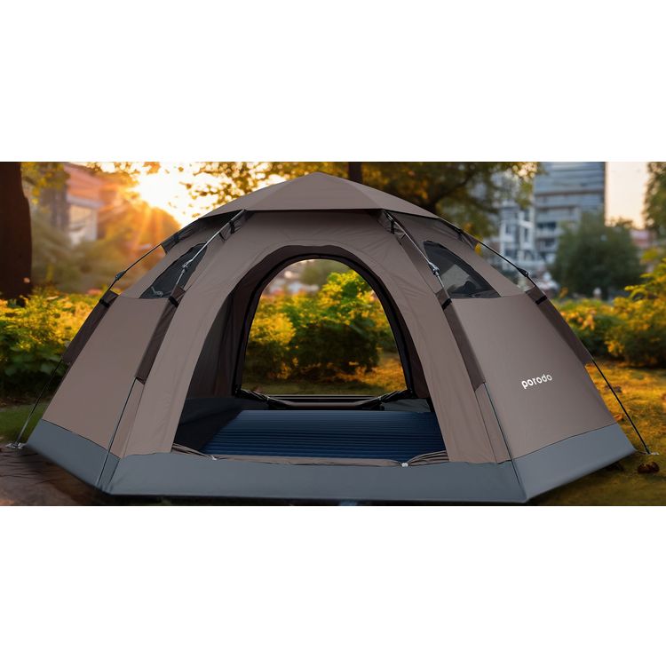 Porodo Lifestyle Automatic Camping Tent for Up to 4 People, Mesh Window, Water-Proof & Wind-Resistance, Quick & Easy Set-Up, Includes Ground Nails & Storage Bag - Brown