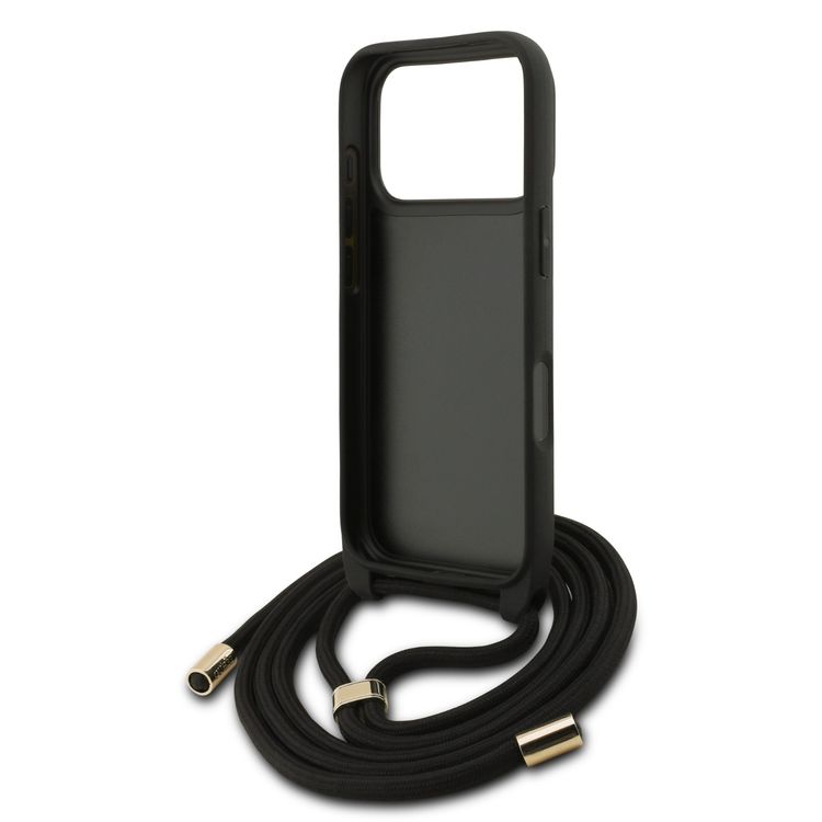 غطاء Guess 4G من الجلد الصناعي بشعار كبير 4G وحبل للارتداء المتقاطع لجهاز iPhone 17 Pro Max، حماية من السقوط، تصميم نحيف وخفيف الوزن، تركيب سهل، قبضة مريحة، تغليف مستدام - أسود