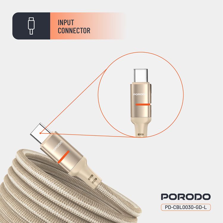 Porodo Type-C to Lightning Magnetic Braided Cable with 30W Power Delivery, 1.2m Cable Length, More than 15,000 Bends Lifespan, Tangle-Free Design - Gold