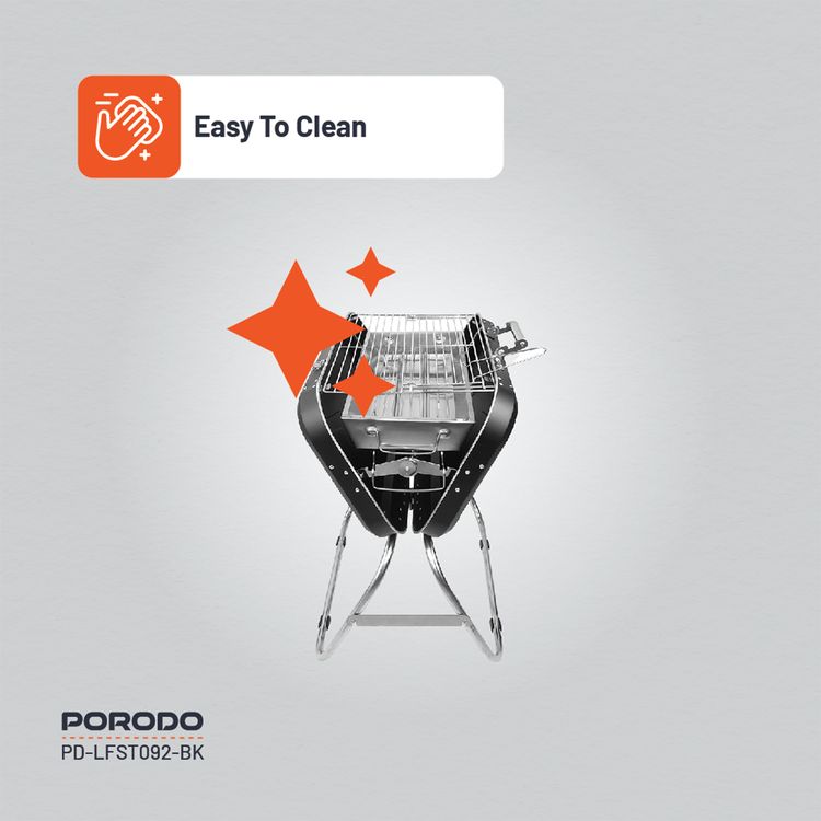 Porodo Lifestyle Portable Folding BBQ Grill with Steel Cooking Mesh, 17-inch Grilling Area, Camping Trip, Backyard Parties & Beach Outings, Easy to Clean, Quick Setup - Black
