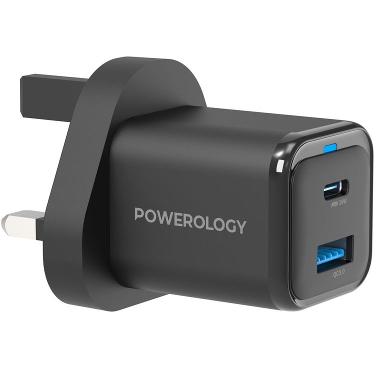 Powerology 35W PD QC 1xUSB-C 35W and 1xUSB-A 18W GaN Charger UK - Black - أسود