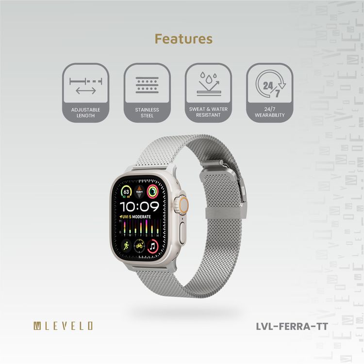 Levelo Ferra Milanese Watch Strap with Adjustable Length, Compatible with 49/46mm Smartwatches & Apple Watch SE, Series 9, 8, 7, 6, 5, Hypoallergenic Material, 24/7 Wearability, Water-Resistant, Anti-Oxidation Technology - Titanium