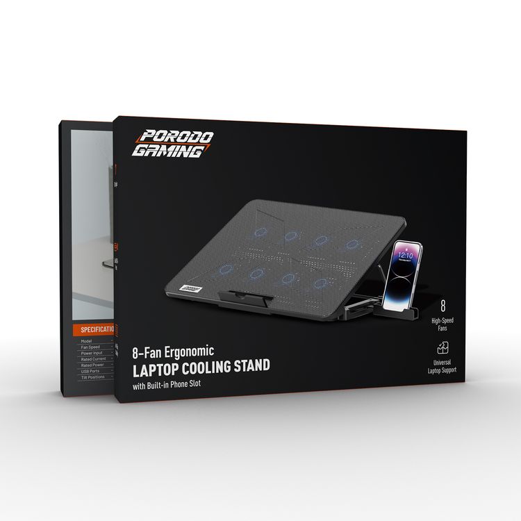 Porodo Gaming 8-Fan Ergonomic Laptop Cooling Stand with Built-in Phone Slot, Dual USB-A Ports, Compatible with Up to 16" Laptops, Anti-Slip Stability, 7 Tilt Angles - Black