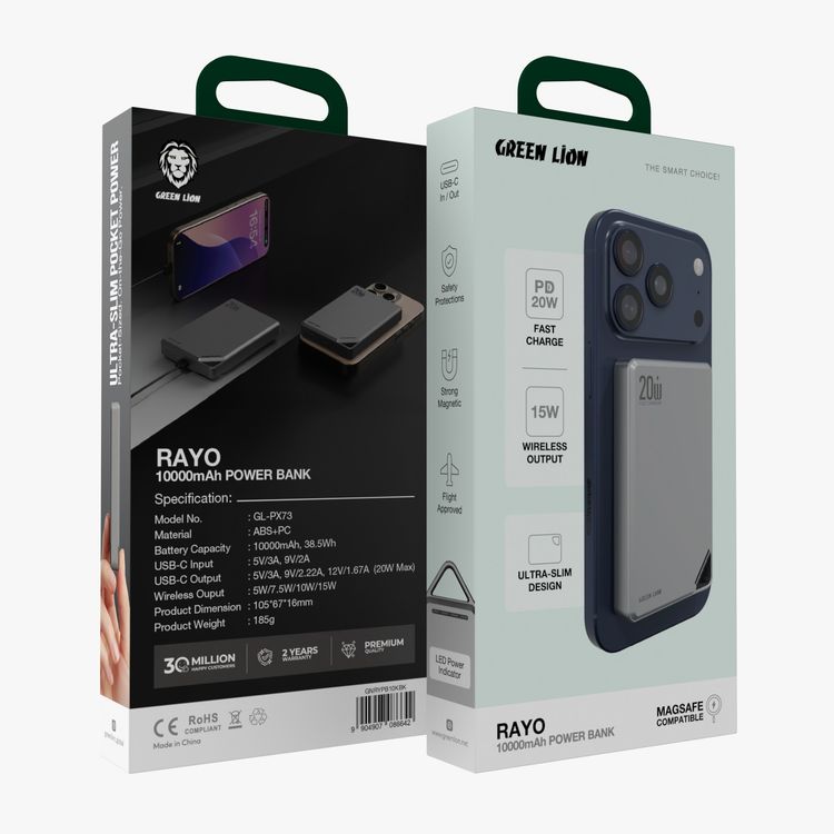 Green Lion Rayo 10000mAh Power Bank with PD 20W Fast Charging, 15W Wireless Output, Ultra-Slim Design, LED Power Indicator, Flight Approved, Strong Magnetic, Safety Protections - Gray