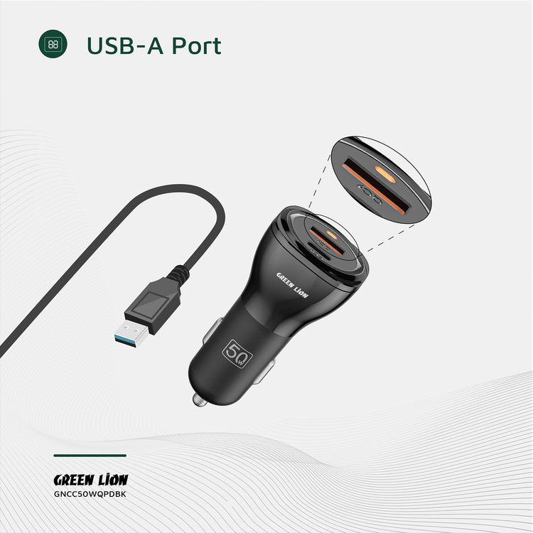 Green Lion Dual Port Car Charger with PC Flame Retardant Material, Fast Charging, QC 20W & PD 30W Output Ports, Ultra Portable - Black