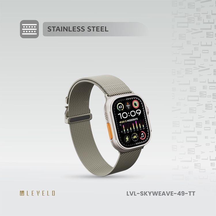 حزام ساعة Levelo SkyWeave، متوافق مع الساعات الذكية 49/46 ملم وساعة Apple Watch SE، السلسلة 9، 8، 7، 6، 5، هيكل من قطعتين، مقاوم للماء، للارتداء على مدار الساعة طوال أيام الأسبوع - التيتانيوم
