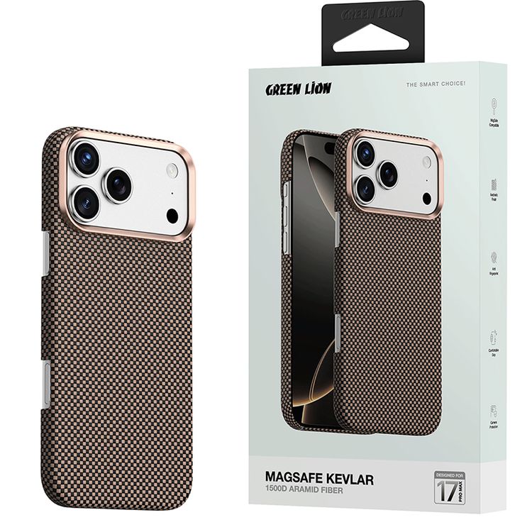 Green Lion Magsafe Kevlar Case for iPhone 17 Pro Max, Comfortable Grip, Aluminum Alloy Guard, Drop Protection, Lightweight Design, Ultra-Slim - Black / Gold