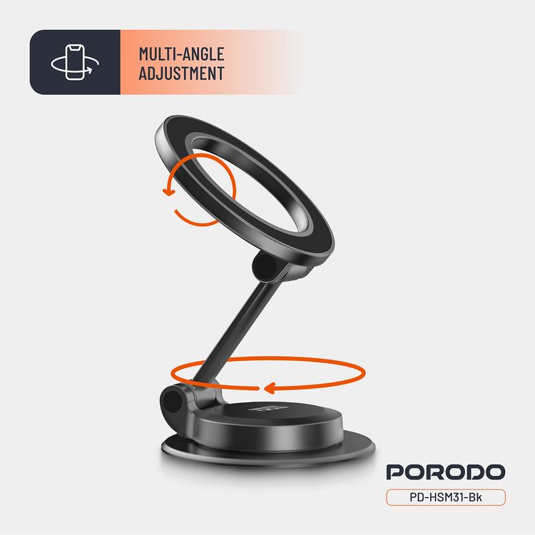 Porodo MagLock MagSafe Phone Mount with Zinc Alloy Material, N52 Magnets, Multi-Angle Adjustment, Folding Design, Strong Magnetic Hold - Black