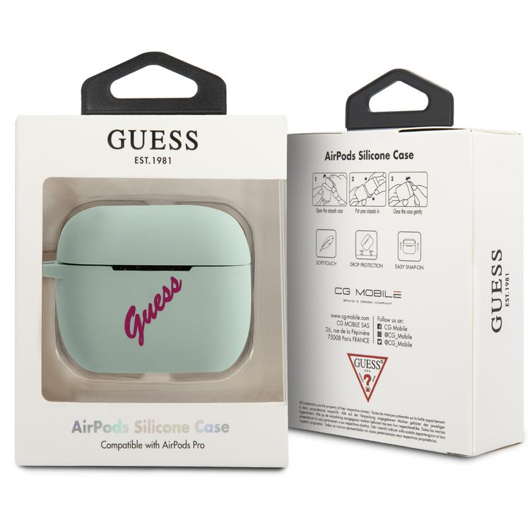 جراب سي جي موبايل من غيس من السيليكون العتيق بشعار فوشيا مع حبل متوافق مع ايربودز برو ، مقاوم للخدش والسقوط ، غطاء سيليكون واقٍ مقاوم للأتربة والامتصاص ، ملمس ناعم ، سهل التركيب