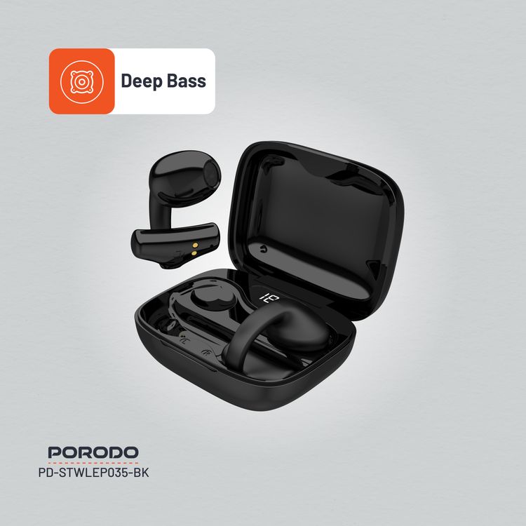 Porodo Soundtec TWS Ear Clip, 10m Transmission Range, Bluetooth V5.3, Up to 24 Hours Play Time, 300mAh Battery Capacity - Black