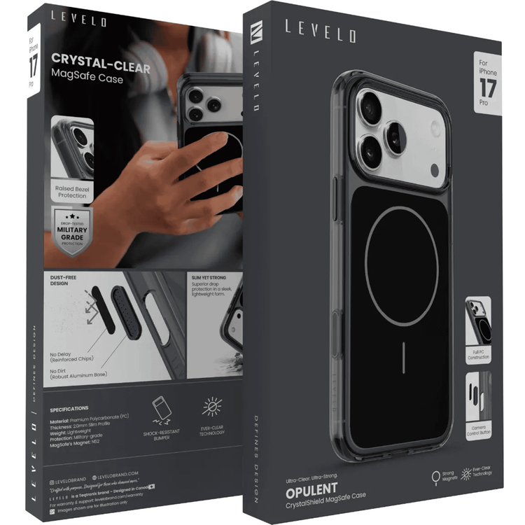 Levelo Opulent Full PC iPhone 17 Pro Case with Strong N52 Magnets, MagSafe Compatible, Camera Control Button, Ever-Clear Technology, 2.0mm PC Frame, Raised Bezel Protection, Military-Grade Protection, Shock-Resistant Bumper, Anti-Scratch Cover - Phantom Black