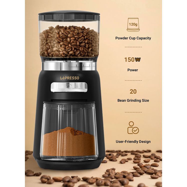 LePresso High Performance Coffee Bean Grinder with User-Friendly Design, 150W Power, Durable ABS Material, 210g Bean Box Capacity, 120g  Powder Cup Capacity - Black