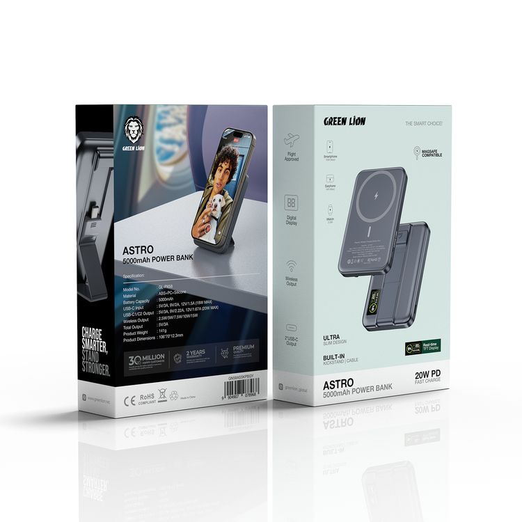 جرين ليون أسترو 5000 مللي أمبير ساعة باور بانك 3 في 1 مع مخرج USB-C مزدوج، إخراج لاسلكي، تصميم نحيف للغاية، حامل مدمج، كابل مدمج، معتمد للرحلات - رمادي