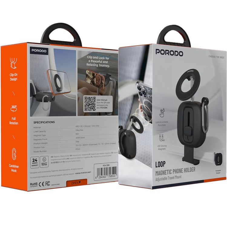 Porodo Loop Adjustable Travel Mount Magnetic Phone Holder with Clip-On Design, Full 360° Rotation, Carabiner Hook, 20× N52 Strong Magnets, ABS + PC + Silicone + Zinc Alloy Material, Lock and Unlock Function, Foldable Design, 1.6kg Max Load Capacity - Black