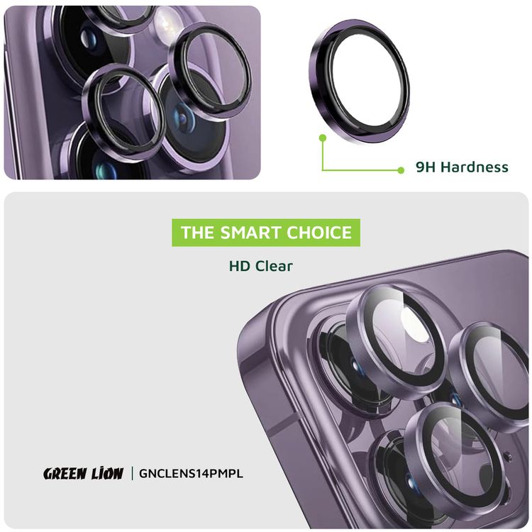 عدسة كاميرا Green Lion HD Plus لهاتف iPhone 14 Pro &amp; Pro Max، صديقة للحافظة، مضادة للخدش، سهلة التركيب، طلاء مضاد للانعكاس، مقاومة للماء - أرجواني