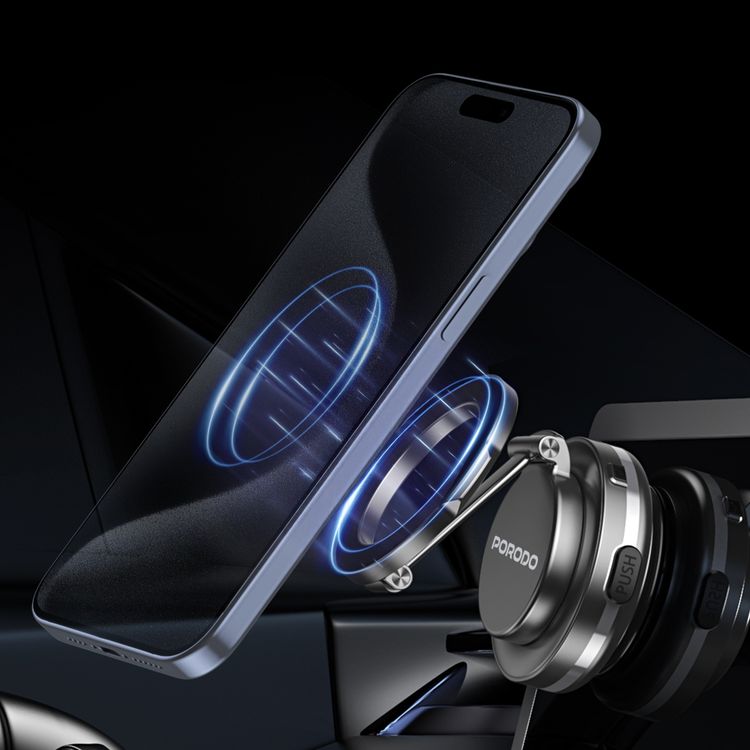 Porodo Vacuum Lock MagSafe Phone Holder with One-Touch Electric Suction, 100mAh Battery, N52 Magnets, 360° Rotation, Adjustable Viewing Angle, Foldable State, Multi-Surface Mount, ABS, Silicone & Zinc Alloy Material - Black