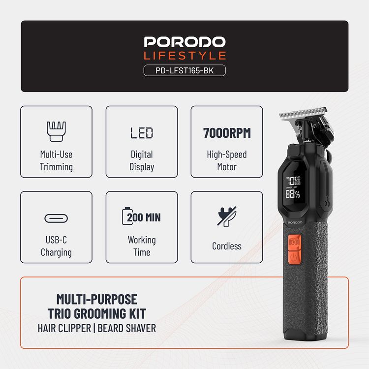 Porodo Multi-Purpose Trio Grooming Kit with Hair Clipper & Beard Shaver, 5W Rated Power, 200 Minutes Working Time, 4 Combs, 2000mAh Battery Capacity, LED Digital Display, 7000RPM Motor Speed, USB-C Charging - Black