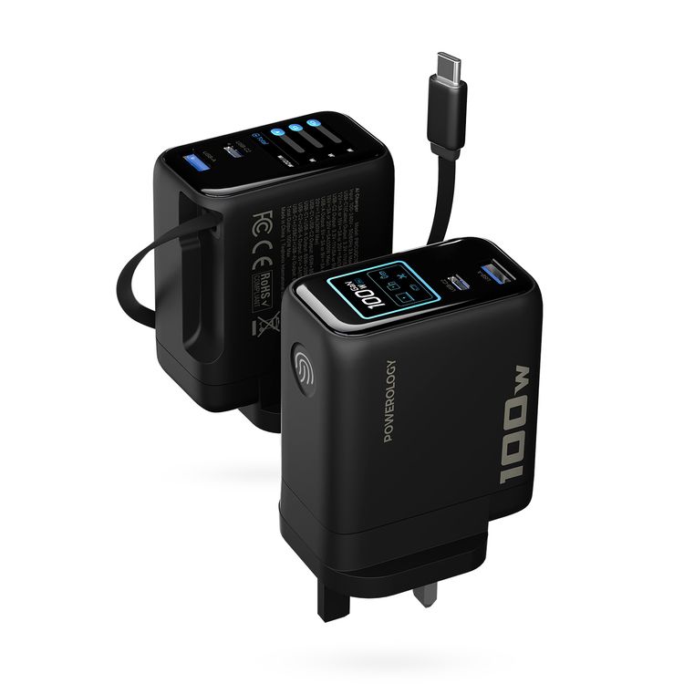 Powerology 100W TFT Adapter with Retractable Type-C Cable, GaN Technology, Ultra-Fast Charging, Multi-Device Charging, Built-in Safeguards, AI Temperature Protection, High Performance, Medium Load, Eco-Cool,  70cm Cable Length, 50/60 Hz Rated Frequency - Black