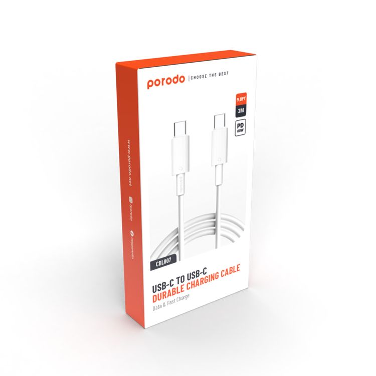 كابل بورودو من النوع C إلى C PVC بطول 3 متر، سرعة نقل 480 ميجابت في الثانية، PD 60 وات، عمر افتراضي يزيد عن 15000 ثنية، خالٍ من التشابك - أبيض