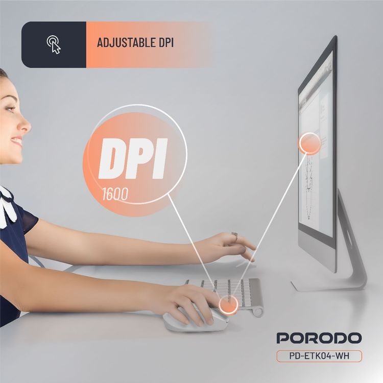 Porodo Dual Mode Wireless Mouse with Adjustable DPI Up to 1600, 7m to 10m Effective Range, 300mAh Battery Capacity, Bluetooth V5.4, Ergonomic Design, Plug & Play - White