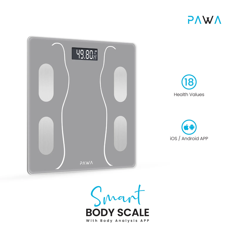 PAWA Smart Body Scale with Body Analysis iOS & Android App, 2.6" LCD Display, Kilogram & Pound Measurement Units, 2 x AAA Batteries, 180kg Maximum Weight Capacity - Gray