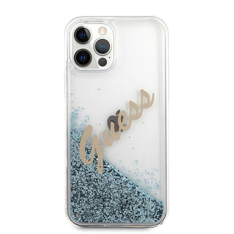 CG MOBILE Guess Liquid Glitter Script Hard Phone Case Compatible for iPhone 12 Pro Max (6.7") Shock Resistant Mobile Case Officially Licensed - Vintage Blue