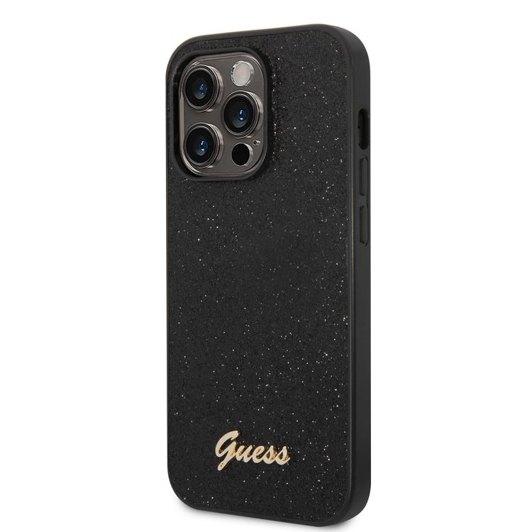 Guess PC/TPU Glitter Flakes Case with Script Metal Logo iPhone 14 Pro Compatibility - Black
