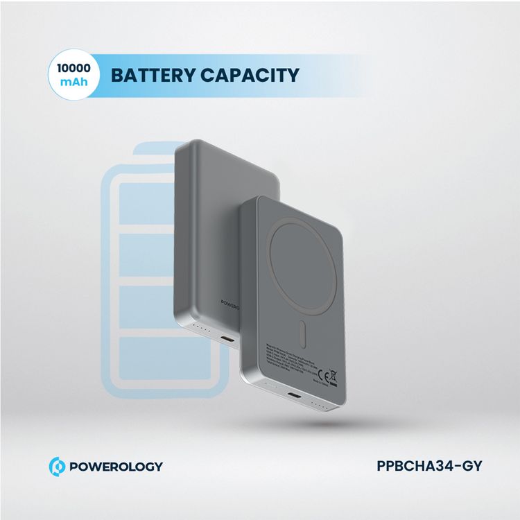 Powerology 10000mAh MagSafe Aluminum Power Bank with Battery Level Indicator, Lightweight & Compact Design, Fast & Simultaneous Charging, Type-C Input & Output, 15W Wireless Output - Gray