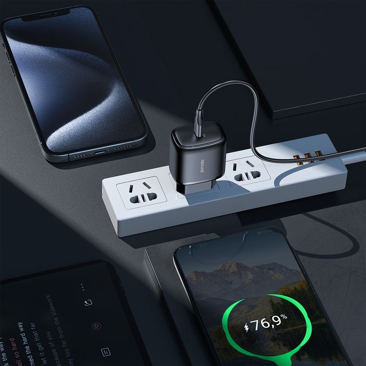 Porodo EU Quick Charger with 1.2m USB-C to Lightning Cable, 20W Power Delivery, Overheat Protection, Simultaneous Charging, 0%-60% Charge in 35 Minutes - Black