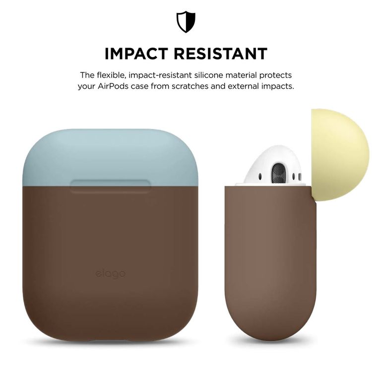 Elago Duo Silicone Case with Apple AirPods Case 1 & 2, Supports Wireless Chargers, Drop Resistant, Dustproof and Absorbing Protective Cover Body-Dark Brown / Top-Pastel Blue, Yellow