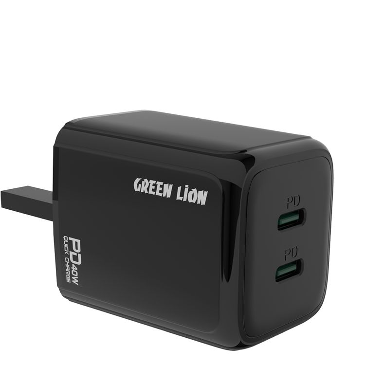 Green Lion Dual PD Wall Charger with USB-C to Lightning Cable, 40W Power up Safely, UK Power Plug, 2 Ports Type-C Output, Fast Charging, Ultra Portable, Charging Protection - Black