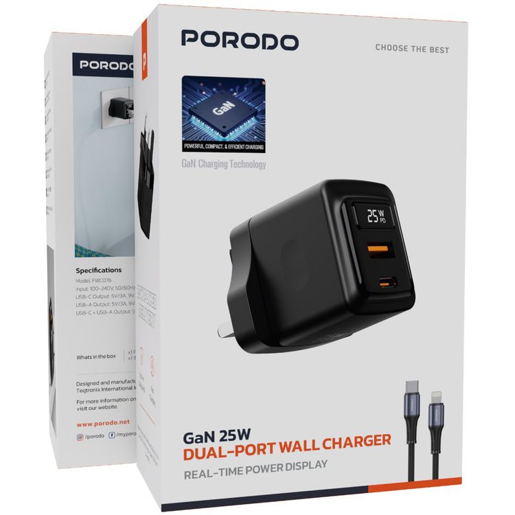 Porodo GaN Wall Charger with USB-C to Lightning Cable, 1m Cable Length, USB-A & USB-C Ports, 25W Power Delivery, Built-in Safeguards, Fast Charge Support, Multiple Device Charging, Digital Display - Black