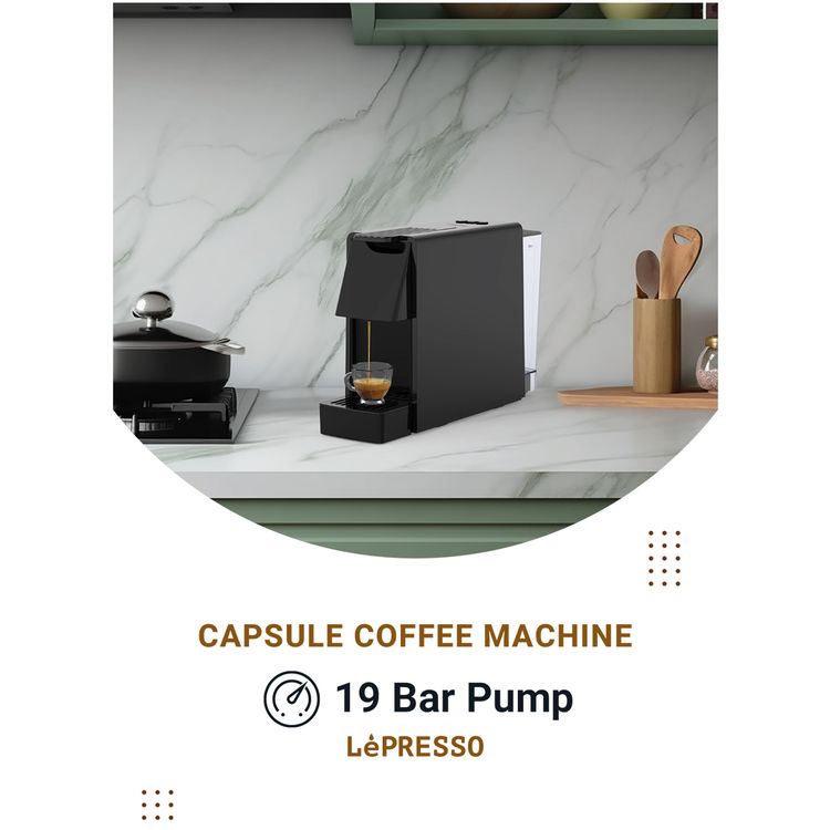 Lepresso Coffee Maker with Capsule Auto Ejection System, 19 Bar Pressure Pump, Flow Meter, Self-Cleaning Mode, 1450W Rated Power, 600mL Water Tank Capacity - Black