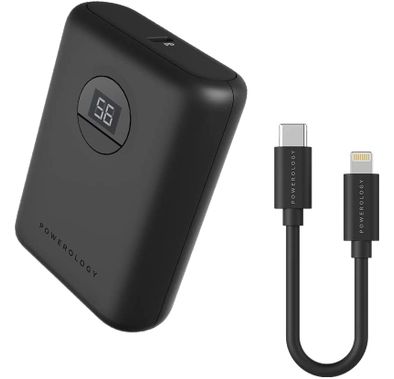 Powerology Power Bank with Charging Cable, Ultra-Compact Portable Power Bank 10000mAh, PD 20W, Fast Charging Power Bank with MFi USB-C to Lightning Cable, 0.9M - Black