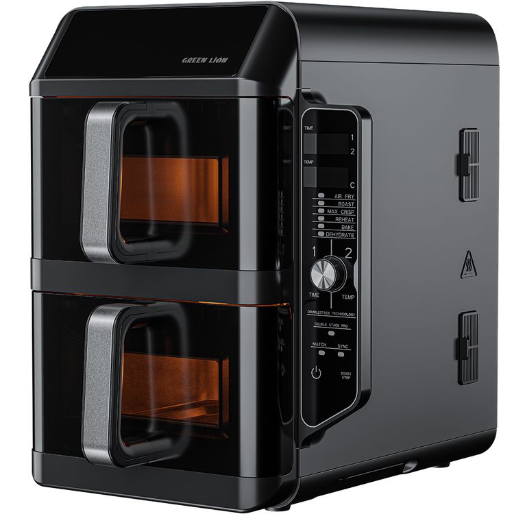 Green Lion Double-Decker Pro Digital Air Fryer with 2× 5.6L Capacity, 6 Preset Programs, 2400W Power, PP + Aluminum + ABS & PC Material, 0-60 Minutes Frying Time, Up to 230°C Temperature, BS Plug 90cm Power Cord, LED Touch Display - Black